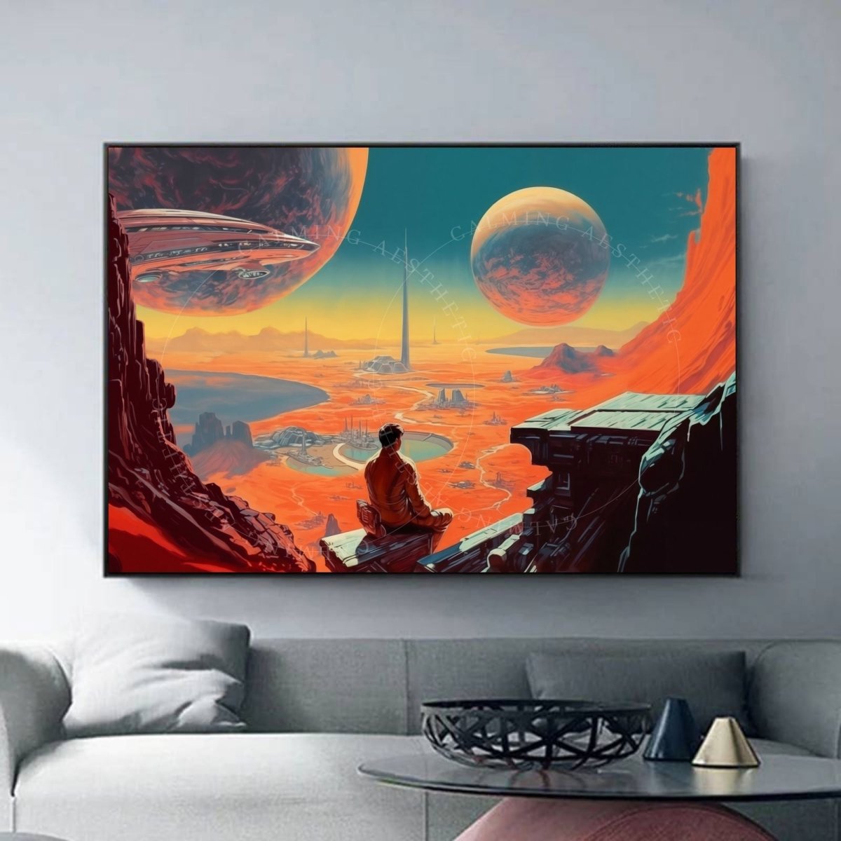 Large Poster Retro Futurism Boy Expansive Landscape Horizontal Wall Art Print, Sci-Fi Art, Cosmic Space, Surreal, Vintage Wall Art Decor