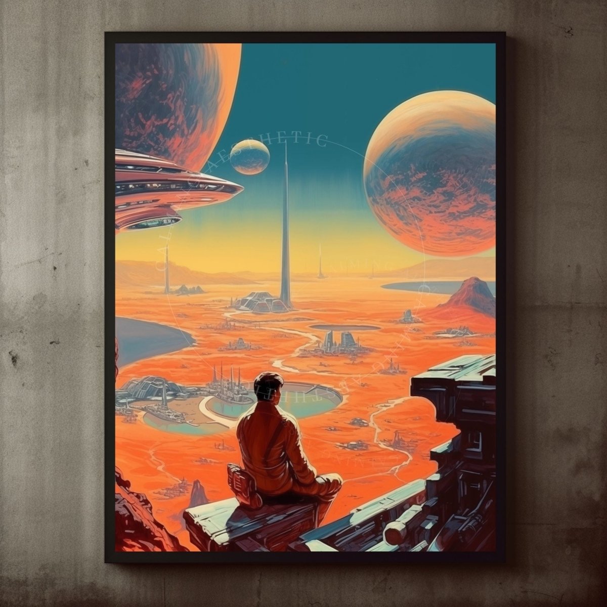 Poster Retro Futurism Boy Expansive Landscape Wall Art Print, Large Poster, Sci-Fi Art, Cosmic Space Art, Surreal, Vintage Wall Art Decor