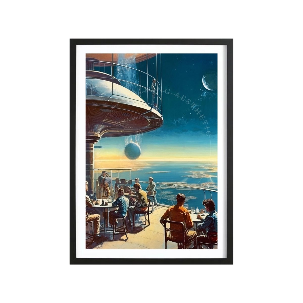 Poster Space Terrace Expansive View Art, Sci-Fi, Large Poster, Retro Futurism Art, Vintage, Retro Aesthetic, Sunset, Surreal, Wall Art Decor