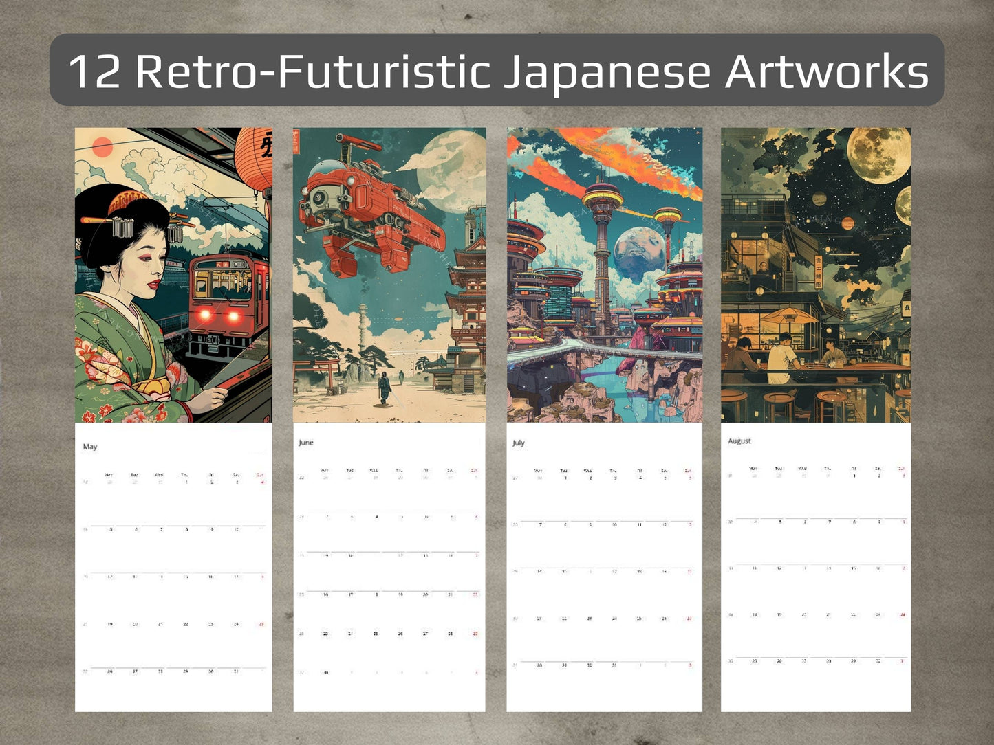 2025 Wall Calendar – Retro Futuristic Japanese Art, Sci-Fi, Cyberpunk, 12 Prints