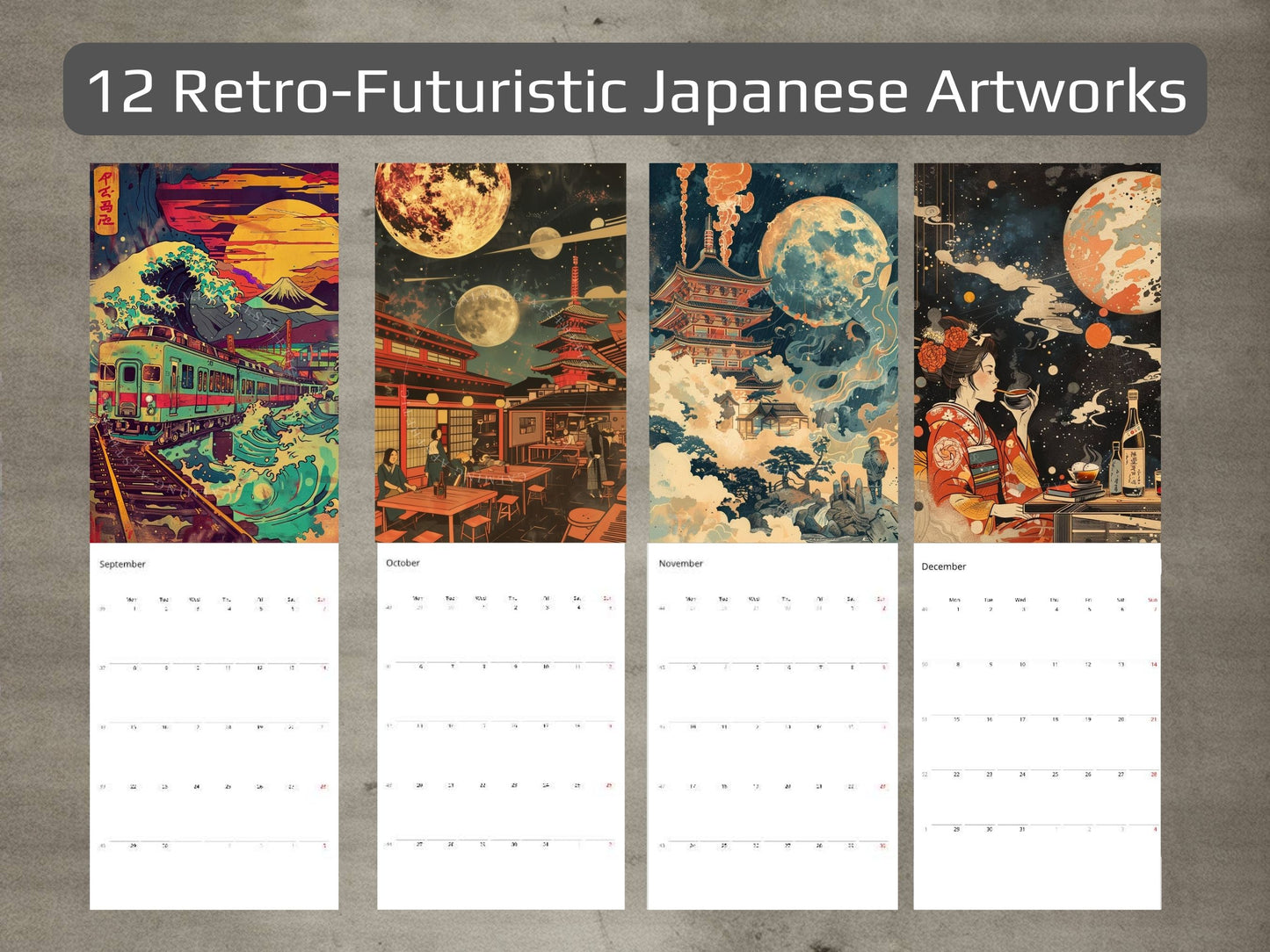 2025 Wall Calendar – Retro Futuristic Japanese Art, Sci-Fi, Cyberpunk, 12 Prints