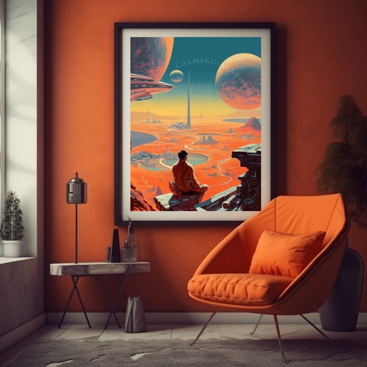 Poster Retro Futurism Boy Expansive Landscape Wall Art Print, Large Poster, Sci-Fi Art, Cosmic Space Art, Surreal, Vintage Wall Art Decor