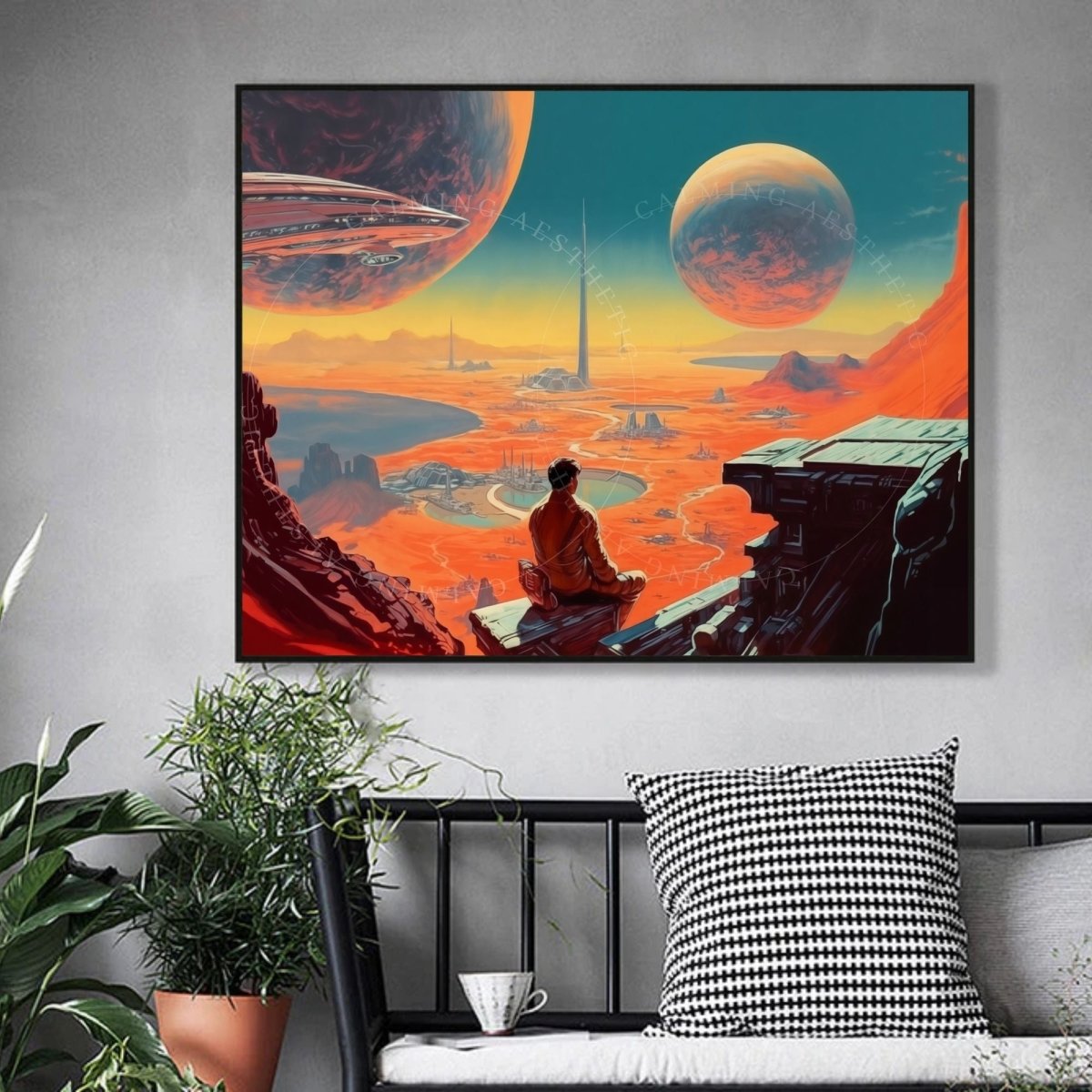 Large Poster Retro Futurism Boy Expansive Landscape Horizontal Wall Art Print, Sci-Fi Art, Cosmic Space, Surreal, Vintage Wall Art Decor