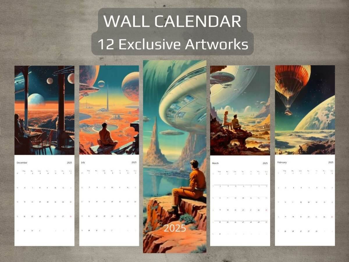 Stylish and functional calendars featuring unique designs, including retro-futuristic, modern, and artistic themes, perfect for home or office organization.