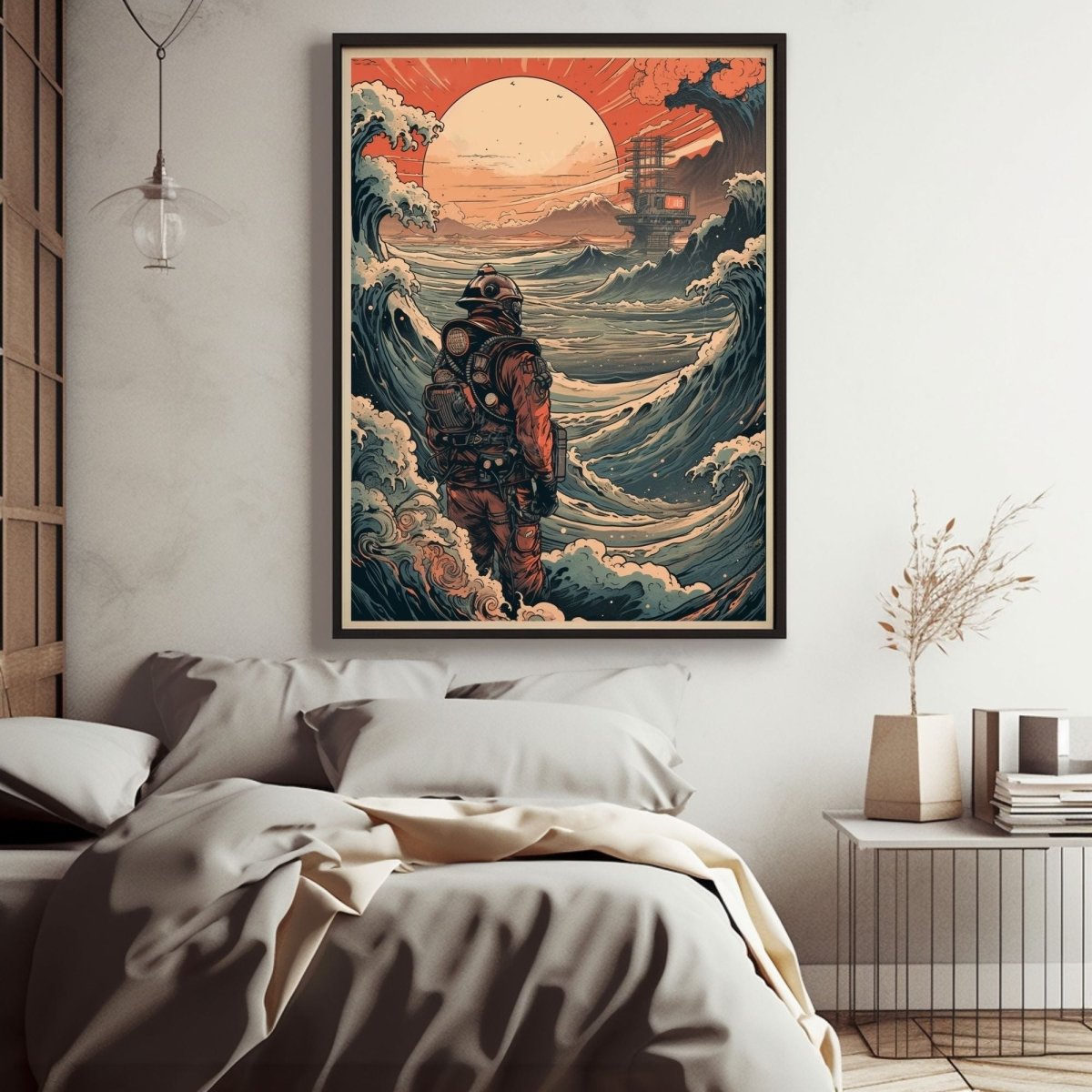 Poster Retro Futuristic Ukiyo-e Sci-Fi Space Astronaut Collage Wall Art Print, Large Poster, Space Suit Man, Japanese Waves, Sun, Vintage