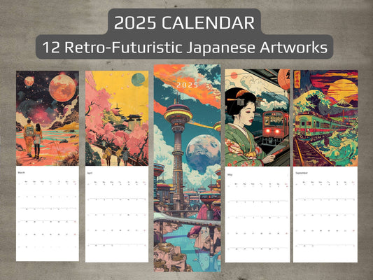 2025 Wall Calendar – Retro Futuristic Japanese Art, Sci-Fi, Cyberpunk, 12 Prints