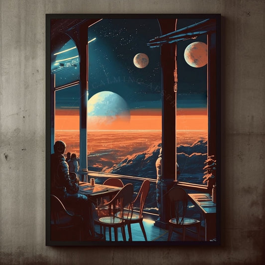 Poster Space Cafe Terrace Collage Art Print, Large Poster, Retro Futurism Art, Vintage Wall Art, Sunset, Surreal Art, Sci-Fi, Wall Art Decor, Gift