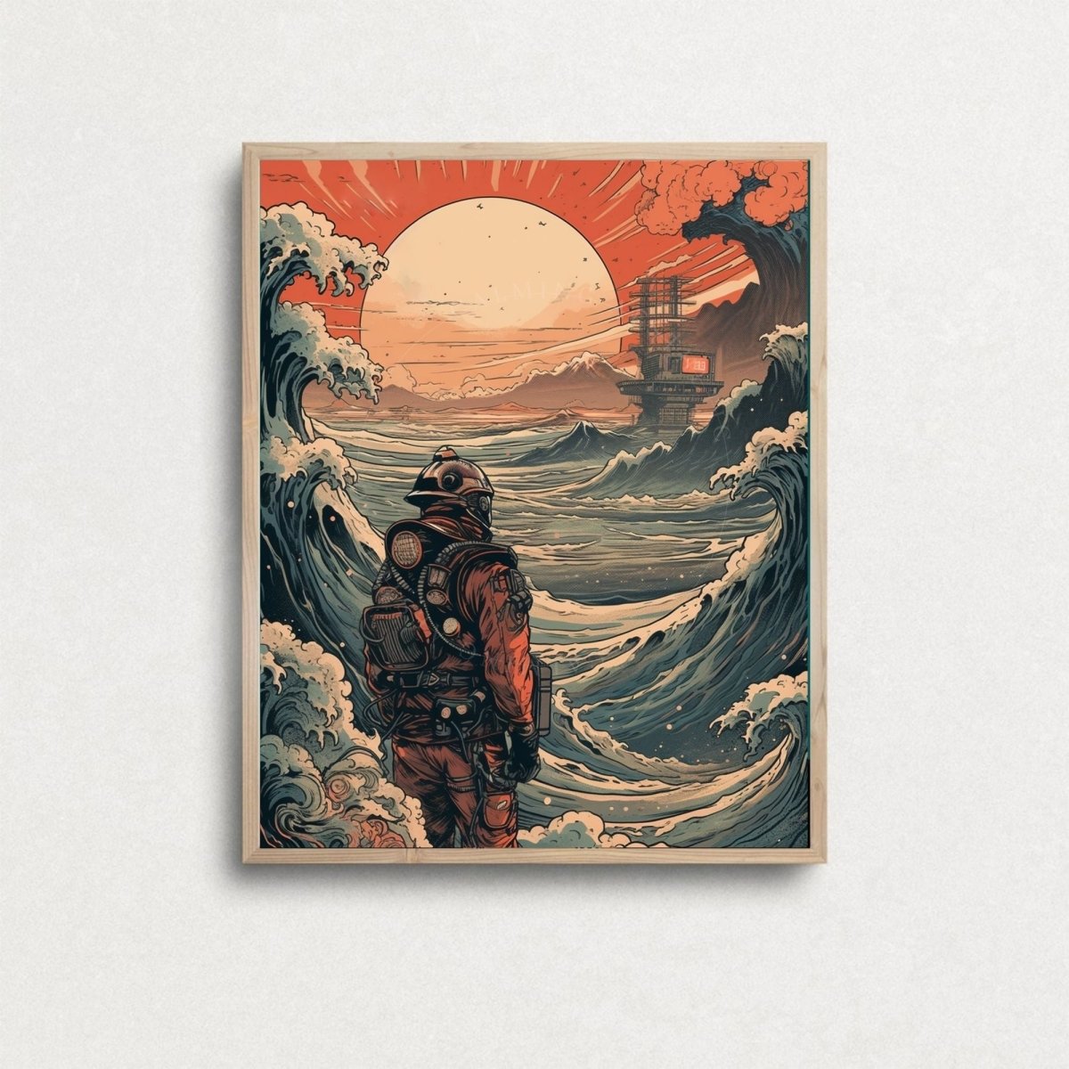 Poster Retro Futuristic Ukiyo-e Sci-Fi Space Astronaut Collage Wall Art Print, Large Poster, Space Suit Man, Japanese Waves, Sun, Vintage