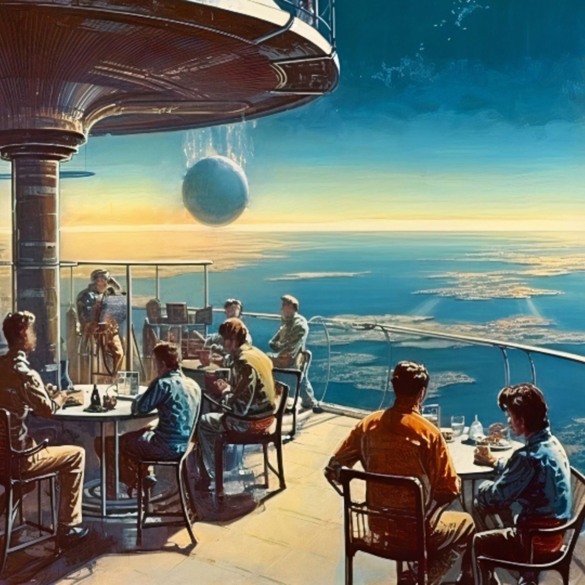Poster Space Terrace Expansive View Art, Sci-Fi, Large Poster, Retro Futurism Art, Vintage, Retro Aesthetic, Sunset, Surreal, Wall Art Decor