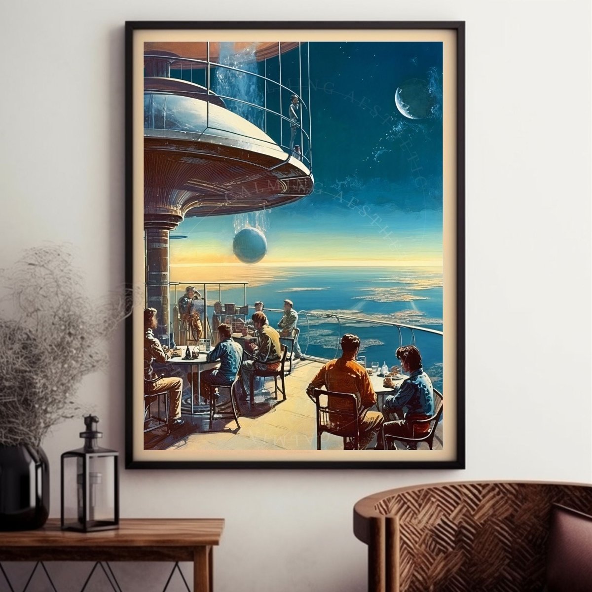 Poster Space Terrace Expansive View Art, Sci-Fi, Large Poster, Retro Futurism Art, Vintage, Retro Aesthetic, Sunset, Surreal, Wall Art Decor