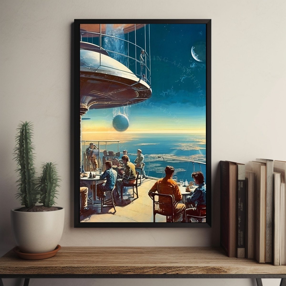 Poster Space Terrace Expansive View Art, Sci-Fi, Large Poster, Retro Futurism Art, Vintage, Retro Aesthetic, Sunset, Surreal, Wall Art Decor