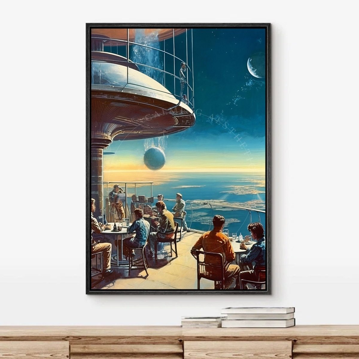 Poster Space Terrace Expansive View Art, Sci-Fi, Large Poster, Retro Futurism Art, Vintage, Retro Aesthetic, Sunset, Surreal, Wall Art Decor