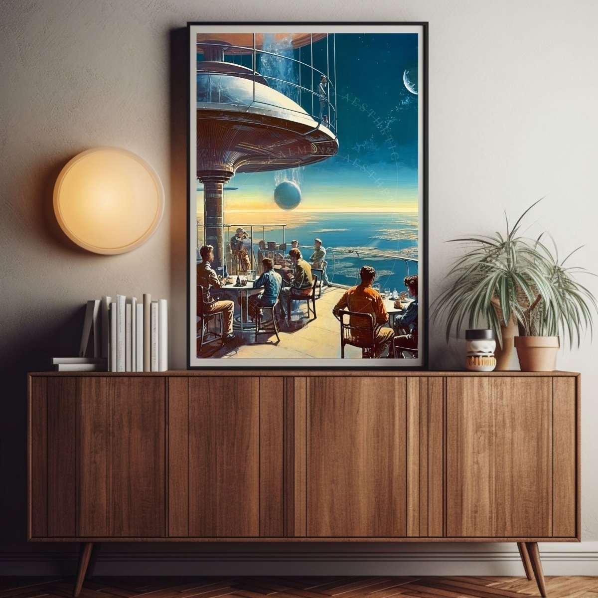 Poster Space Terrace Expansive View Art, Sci-Fi, Large Poster, Retro Futurism Art, Vintage, Retro Aesthetic, Sunset, Surreal, Wall Art Decor