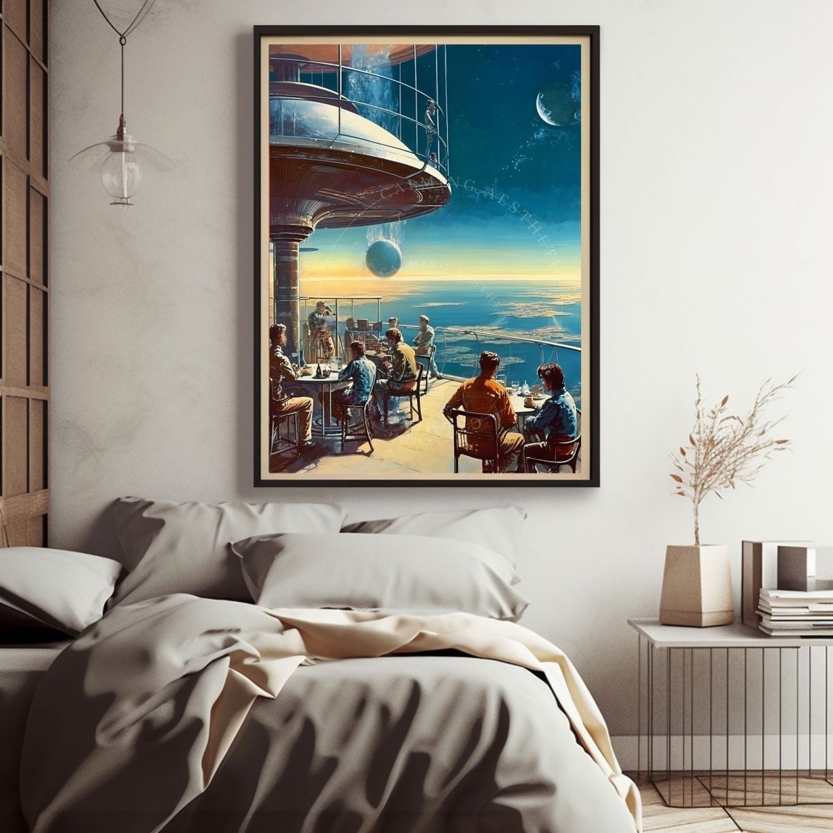 Poster Space Terrace Expansive View Art, Sci-Fi, Large Poster, Retro Futurism Art, Vintage, Retro Aesthetic, Sunset, Surreal, Wall Art Decor