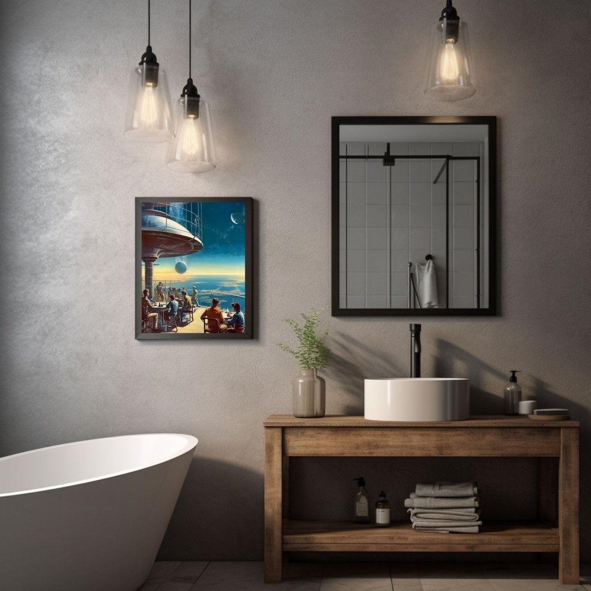Poster Space Terrace Expansive View Art, Sci-Fi, Large Poster, Retro Futurism Art, Vintage, Retro Aesthetic, Sunset, Surreal, Wall Art Decor