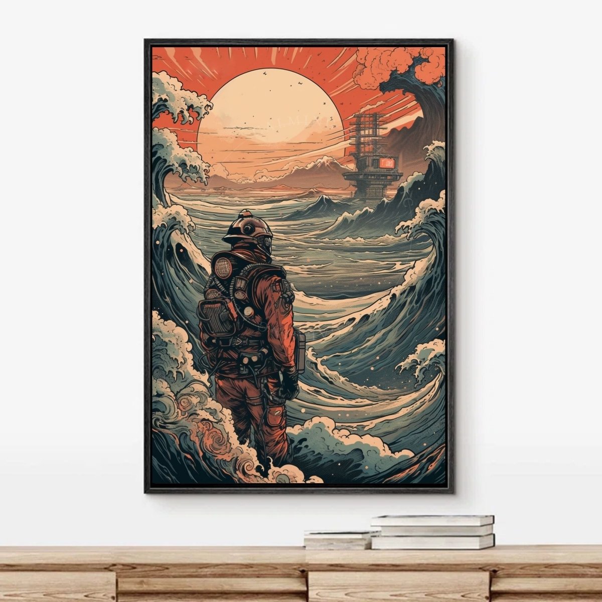 Poster Retro Futuristic Ukiyo-e Sci-Fi Space Astronaut Collage Wall Art Print, Large Poster, Space Suit Man, Japanese Waves, Sun, Vintage