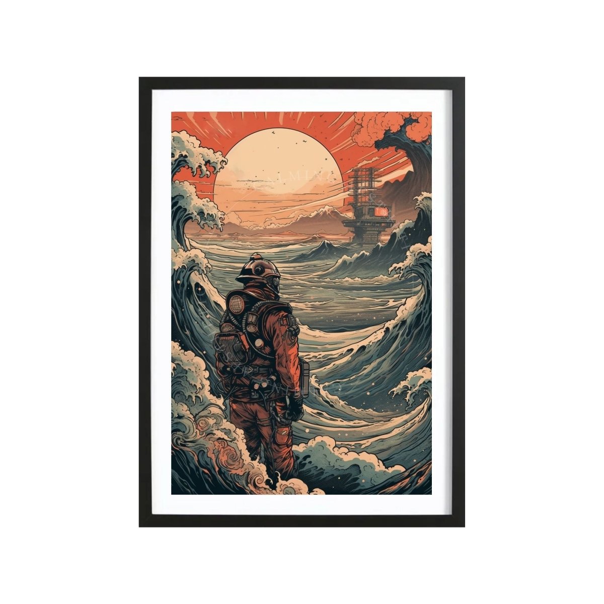 Poster Retro Futuristic Ukiyo-e Sci-Fi Space Astronaut Collage Wall Art Print, Large Poster, Space Suit Man, Japanese Waves, Sun, Vintage