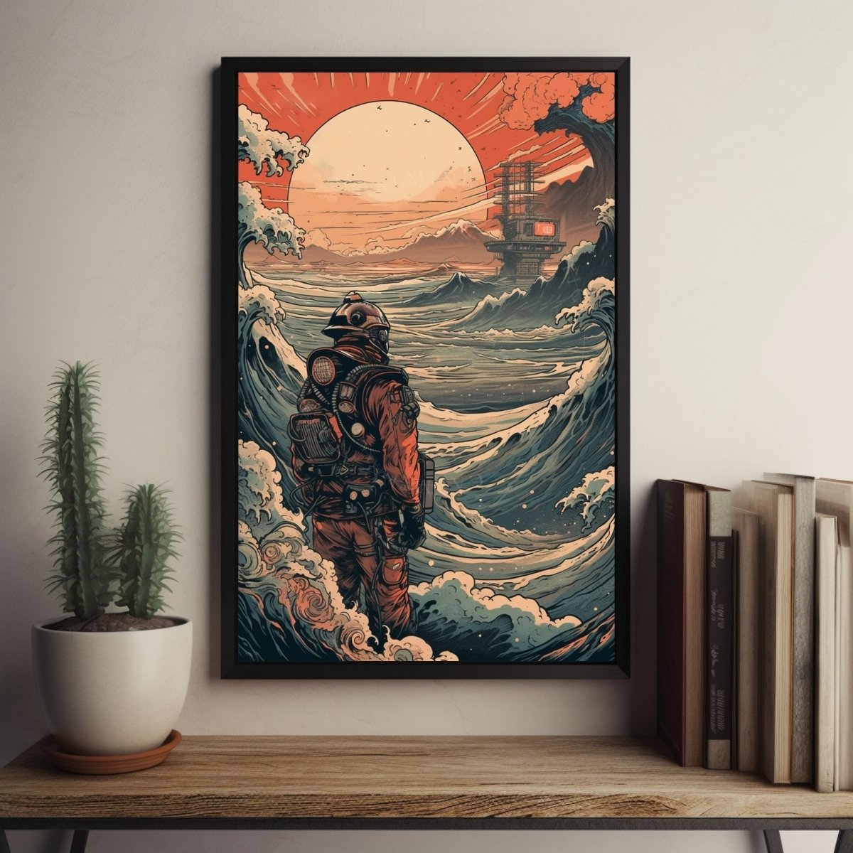 Poster Retro Futuristic Ukiyo-e Sci-Fi Space Astronaut Collage Wall Art Print, Large Poster, Space Suit Man, Japanese Waves, Sun, Vintage