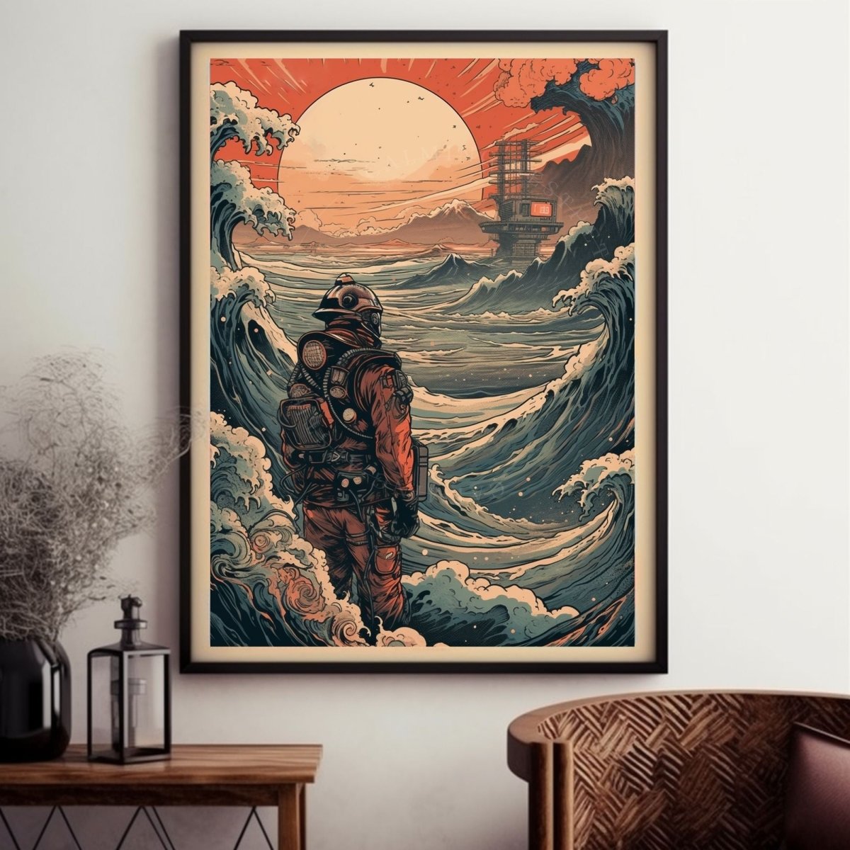 Poster Retro Futuristic Ukiyo-e Sci-Fi Space Astronaut Collage Wall Art Print, Large Poster, Space Suit Man, Japanese Waves, Sun, Vintage