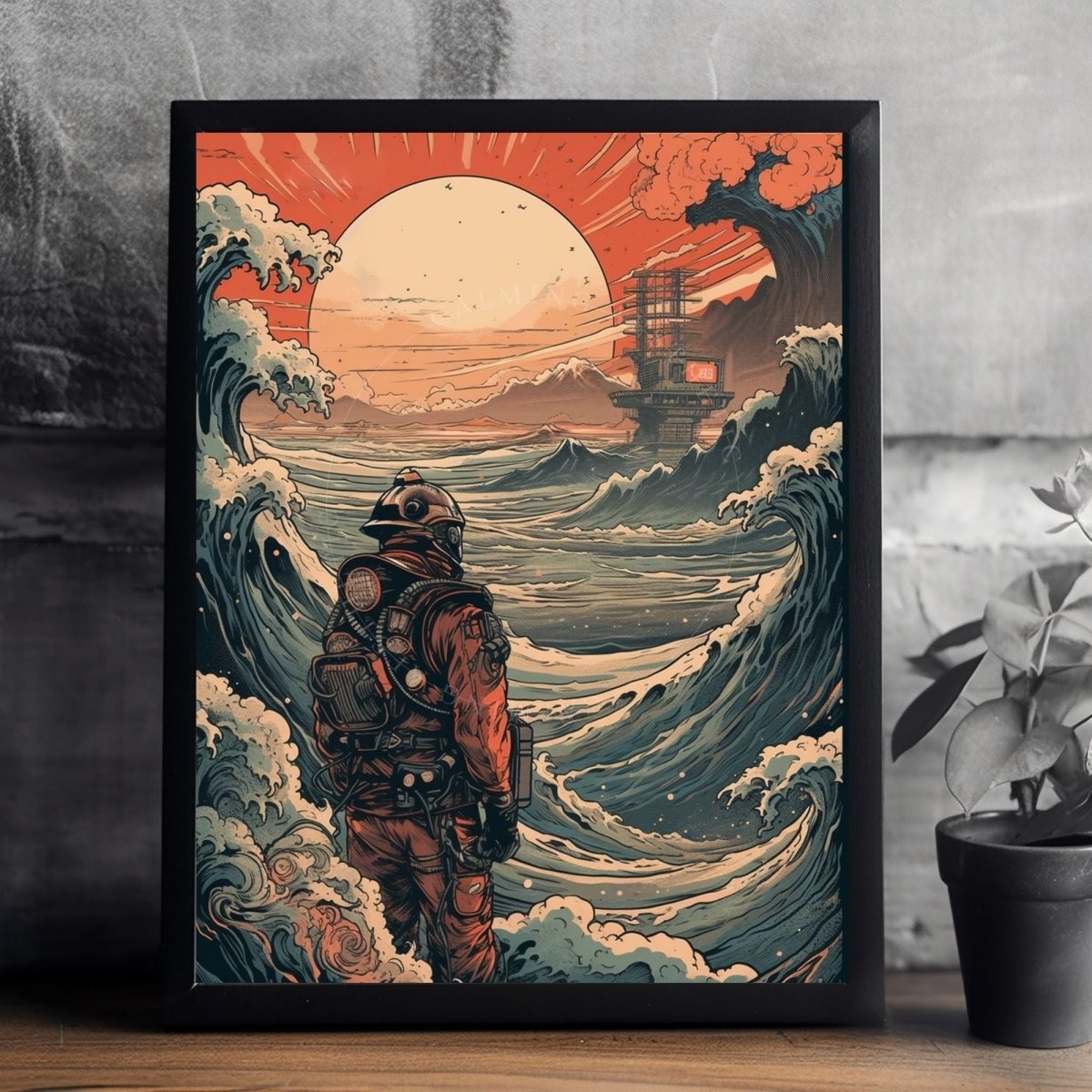 Poster Retro Futuristic Ukiyo-e Sci-Fi Space Astronaut Collage Wall Art Print, Large Poster, Space Suit Man, Japanese Waves, Sun, Vintage