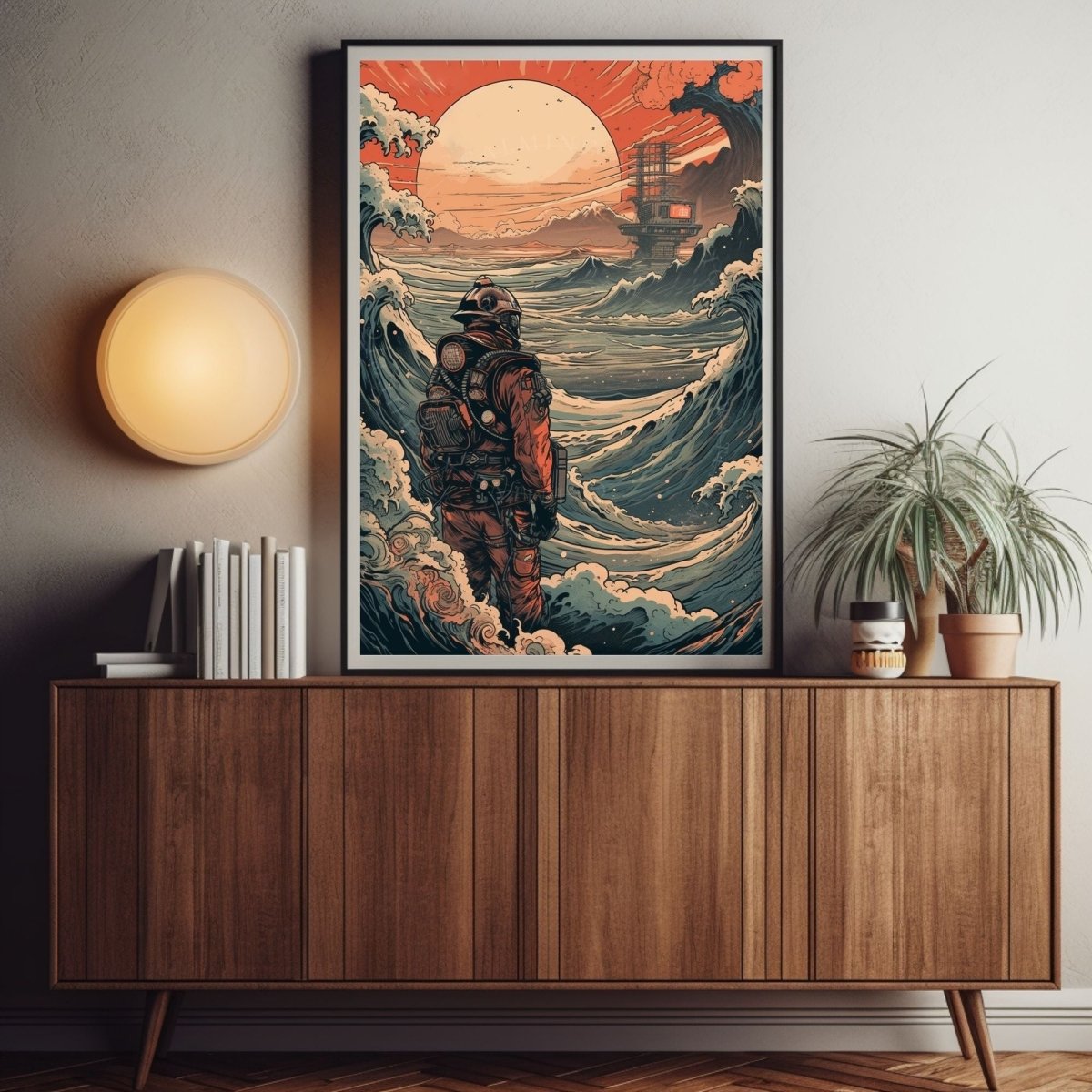 Poster Retro Futuristic Ukiyo-e Sci-Fi Space Astronaut Collage Wall Art Print, Large Poster, Space Suit Man, Japanese Waves, Sun, Vintage