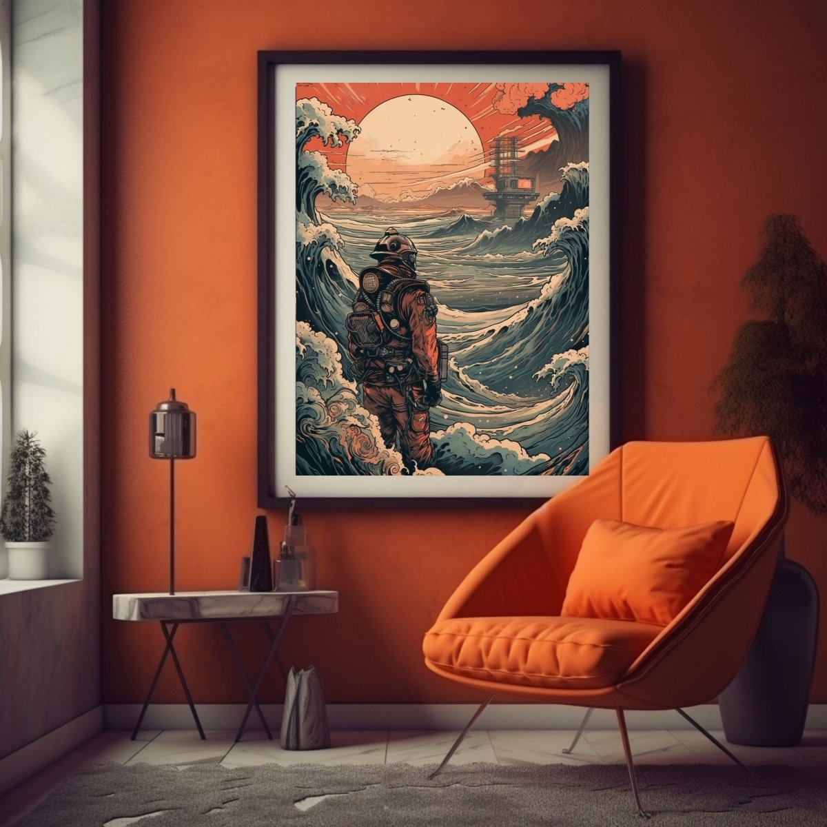 Poster Retro Futuristic Ukiyo-e Sci-Fi Space Astronaut Collage Wall Art Print, Large Poster, Space Suit Man, Japanese Waves, Sun, Vintage