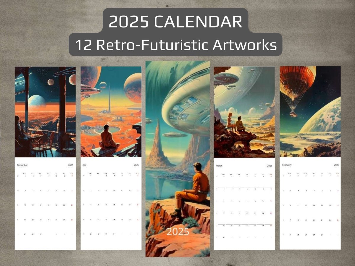 2025 Wall Calendar - Retro Futuristic Art, Scifi Calendar, Christmas Gift, Vintage Aesthetic, 12 Artworks, Retro Space Art, Sci-fi Posters