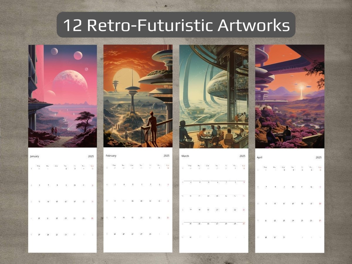 2025 Wall Calendar - Retro Futuristic Cities, Christmas Gift, Vintage Aesthetic, 12 Artworks, Retro Space Art, Sci-Fi Posters, Sunset Art