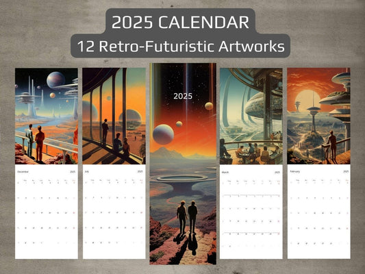 2025 Wall Calendar - Retro Futuristic Cities, Christmas Gift, Vintage Aesthetic, 12 Artworks, Retro Space Art, Sci-Fi Posters, Sunset Art