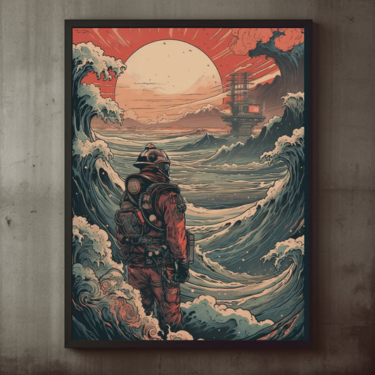 Poster Retro Futuristic Ukiyo-e Sci-Fi Space Astronaut Collage Wall Art Print, Large Poster, Space Suit Man, Japanese Waves, Sun, Vintage