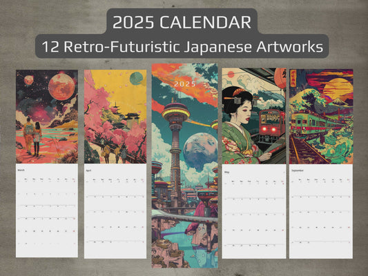 2025 Wall Calendar – Retro Futuristic Japanese Art, Sci-Fi, Cyberpunk, 12 Prints