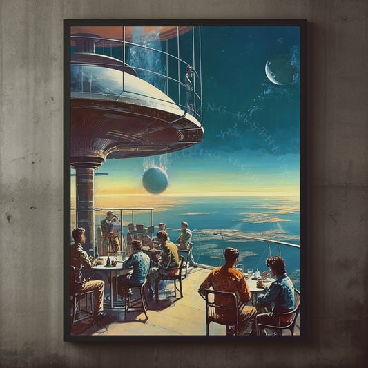 Poster Space Terrace Expansive View Art, Sci-Fi, Large Poster, Retro Futurism Art, Vintage, Retro Aesthetic, Sunset, Surreal, Wall Art Decor